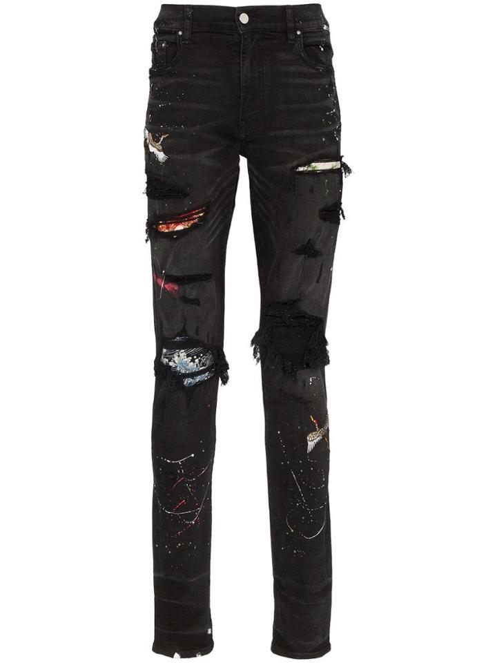 Amiri Distressed Patch-embroidered Jeans - Black