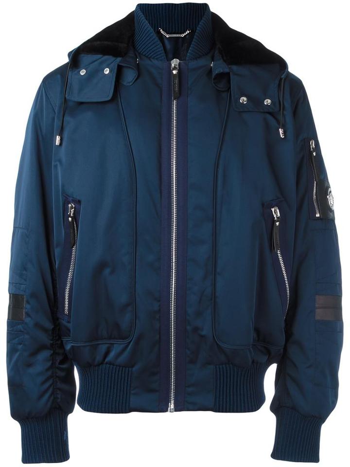 Versace Hooded Bomber Jacket, Men's, Size: 48, Blue, Polyester/silk/viscose/spandex/elastane