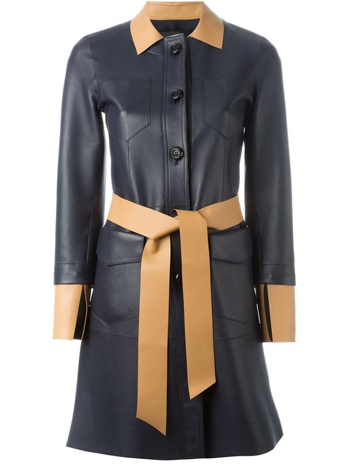 Blancha Contrast Collar Belted Coat, Women's, Size: 42, Blue, Nappa Leather/polyamide/spandex/elastane