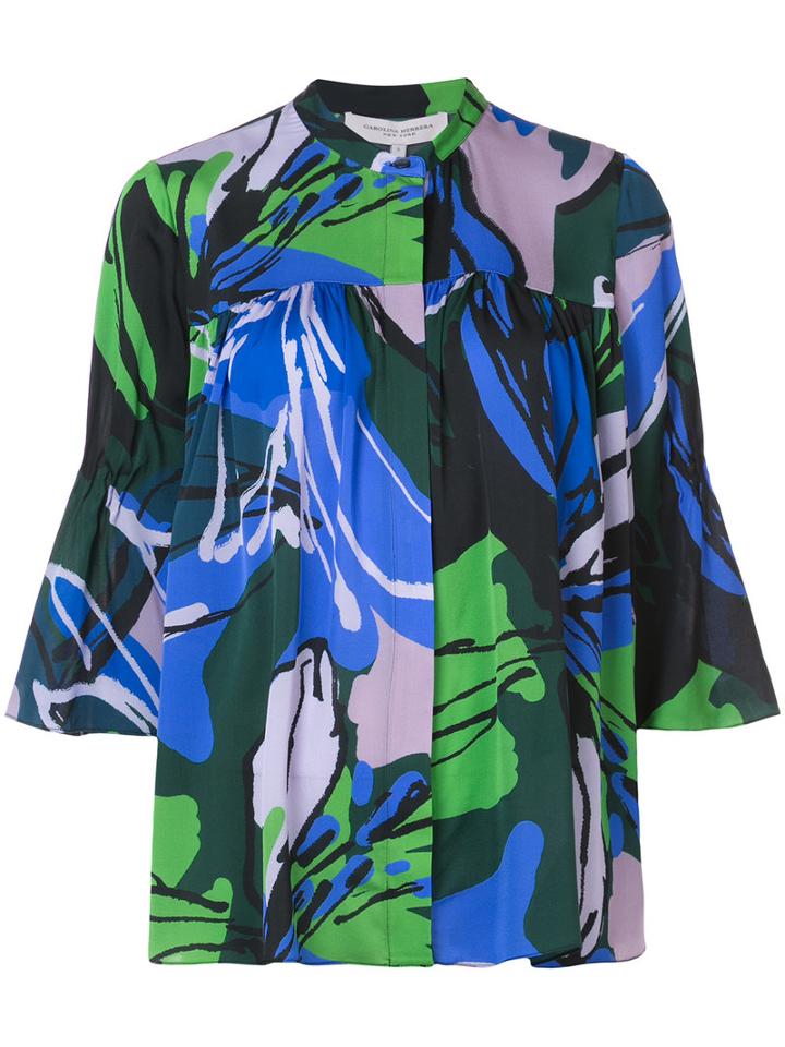 Carolina Herrera - Floral Bell Sleeved Blouse - Women - Silk/spandex/elastane - 16, Pink/purple, Silk/spandex/elastane