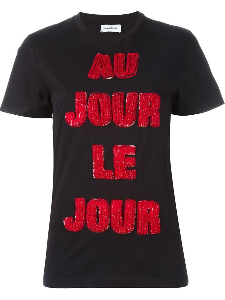 Au Jour Le Jour Sequinned Logo T-shirt, Women's, Size: 38, Black, Cotton/pvc