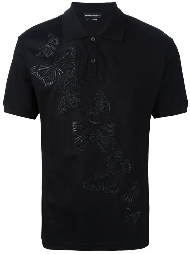 Alexander Mcqueen Moth Embroidered Polo Shirt, Men's, Size: Large, Black, Cotton