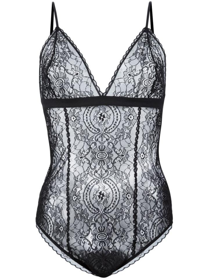 Anine Bing Open Back Lace Bodysuit, Women's, Size: Medium, Black, Polyester/spandex/elastane
