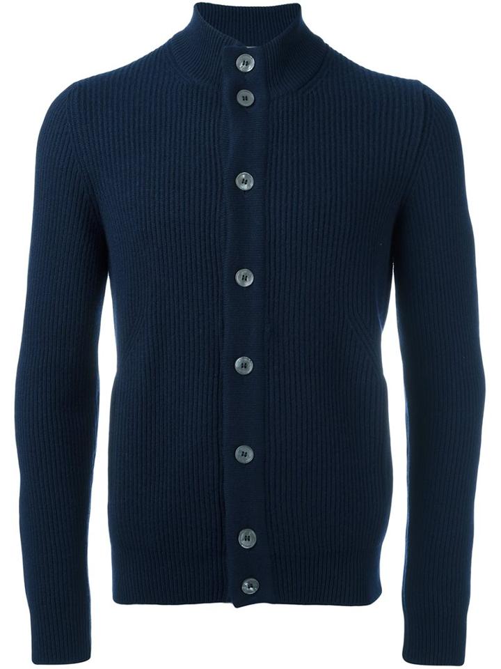 Barba Ribbed High Neck Cardigan, Men's, Size: 50, Blue, Cashmere