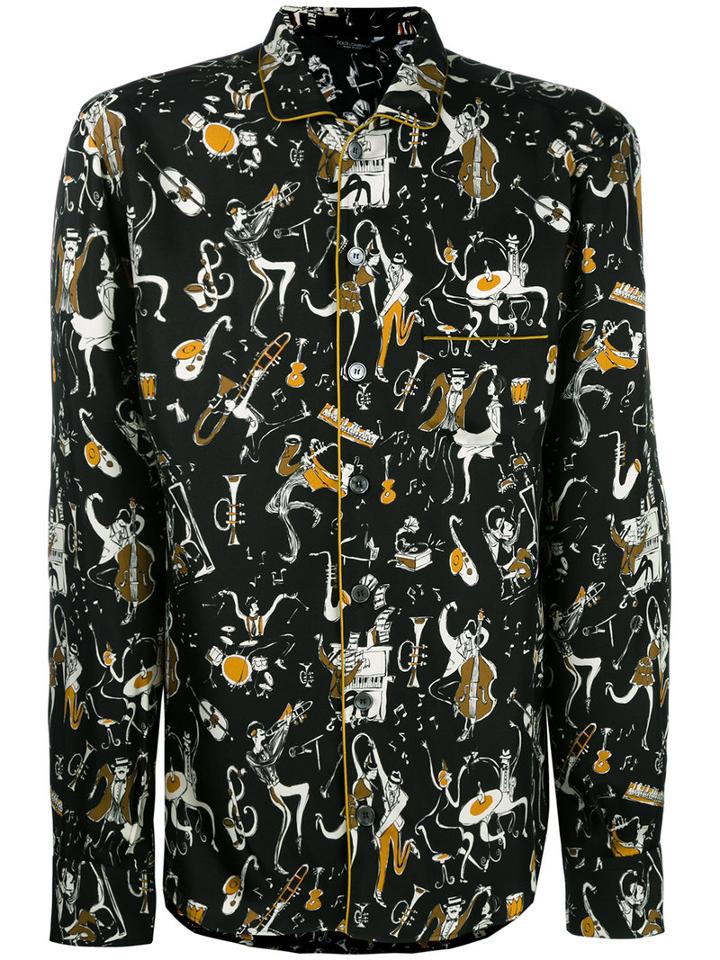 Dolce & Gabbana Musical Print Pyjama Shirt, Men's, Size: 39, Black, Silk