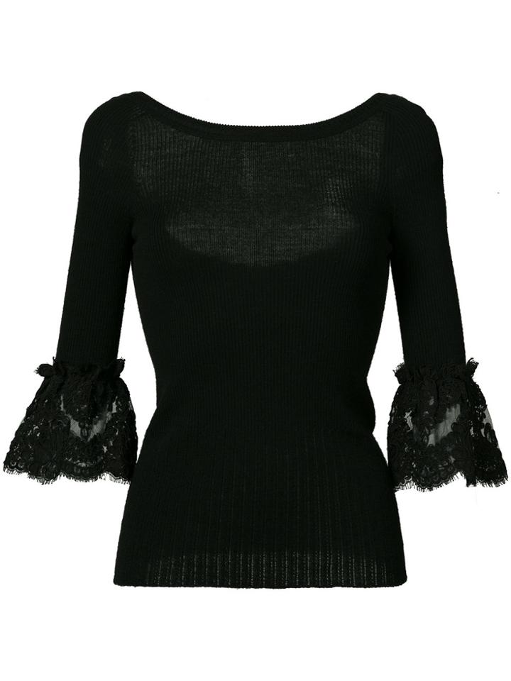 Oscar De La Renta Lace Detail Bell Sleeve Top - Black