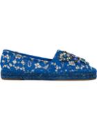 Dolce & Gabbana Embellished Lace Espadrilles, Women's, Size: 37, Blue, Caña Flecha/polyester/crystal/raffia