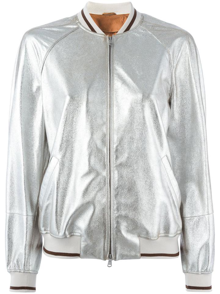 Brunello Cucinelli Zip Up Bomber Jacket, Women's, Size: 46, Grey, Cotton/leather