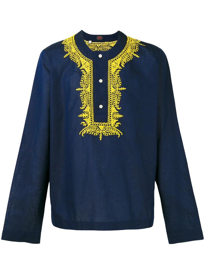 Mp Massimo Piombo Embroidered Trim Buttoned Tunic, Men's, Size: Small, Blue, Cotton/linen/flax