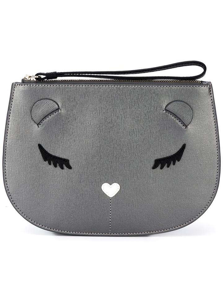 Furla Embroidered Cat Face Clutch Bag, Women's, Grey, Leather/viscose/nylon