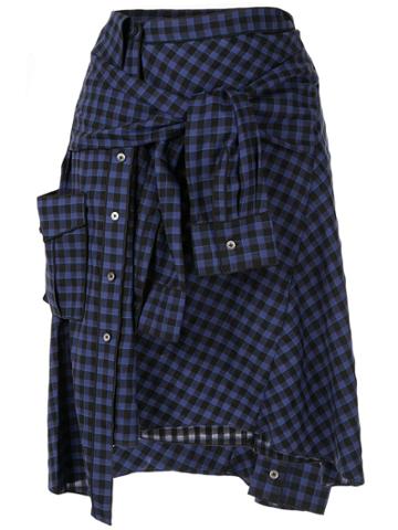 Portspure Checked Tied Sleeves Skirt - Blue