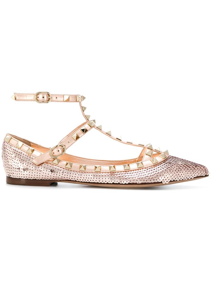 Valentino Sequin Rockstud Ballerina Shoes - Nude & Neutrals
