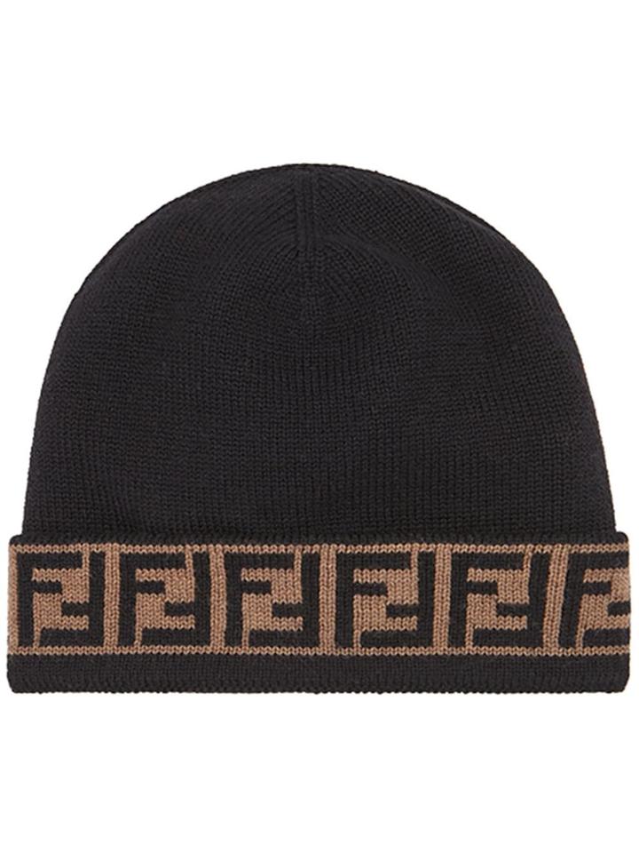 Fendi Ff Motif Trim Beanie Hats - Black