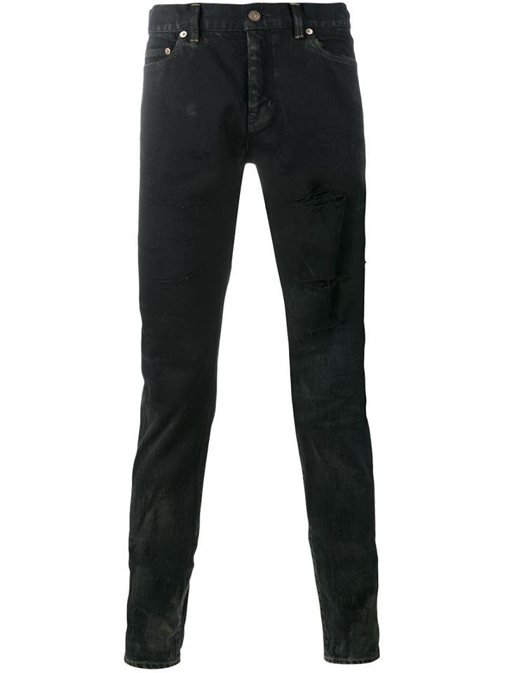 Saint Laurent Ripped Slim Fit Jeans, Men's, Size: 36, Black, Cotton/polyurethane