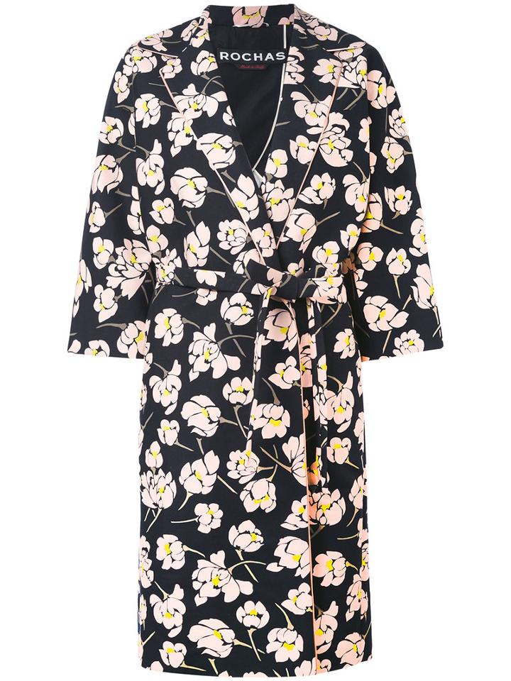 Rochas - Floral Print Midi Coat - Women - Silk/cotton/viscose - 42, Black, Silk/cotton/viscose