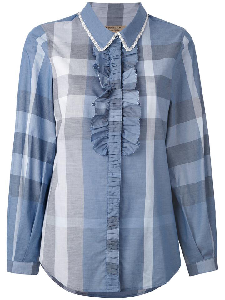 Burberry - Ruffle Trim Checked Shirt - Women - Cotton - 10, Blue, Cotton