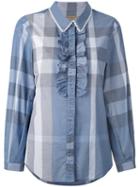 Burberry - Ruffle Trim Checked Shirt - Women - Cotton - 10, Blue, Cotton