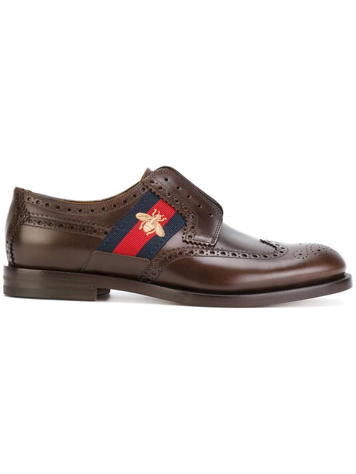 Gucci Bee Gg Web Trim Brogues - Brown