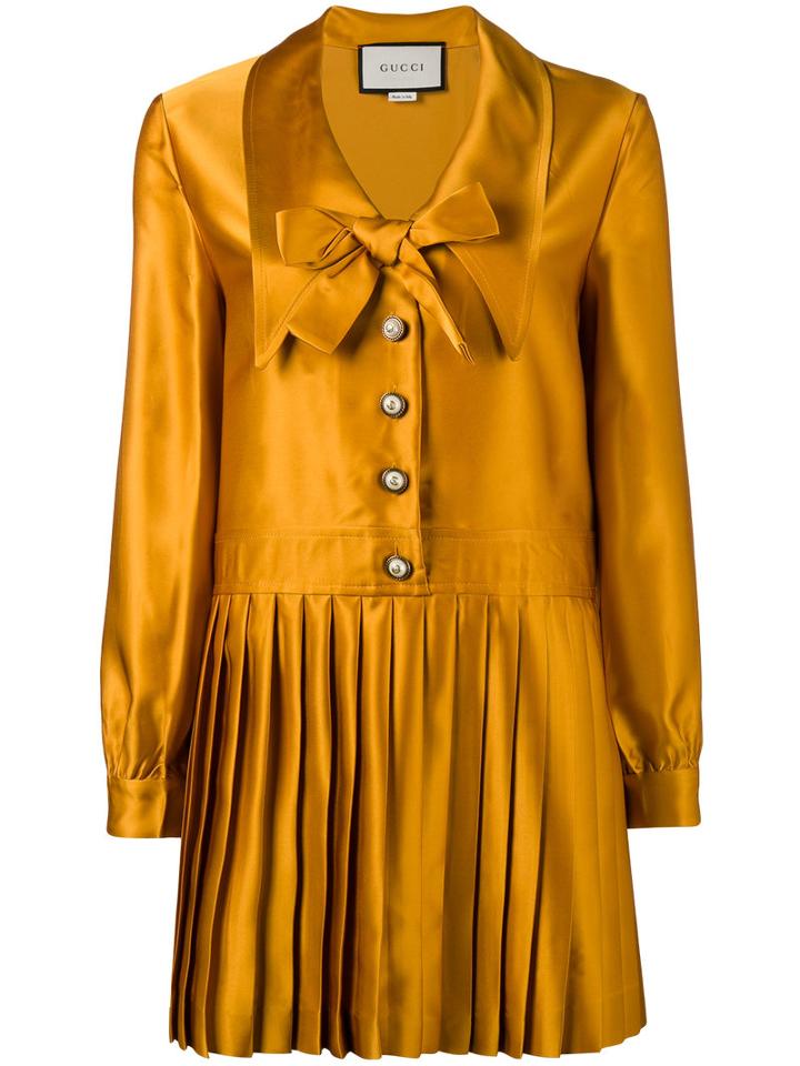 Gucci Pleated Long Sleeve Dress, Women's, Size: 40, Yellow/orange, Acetate/silk