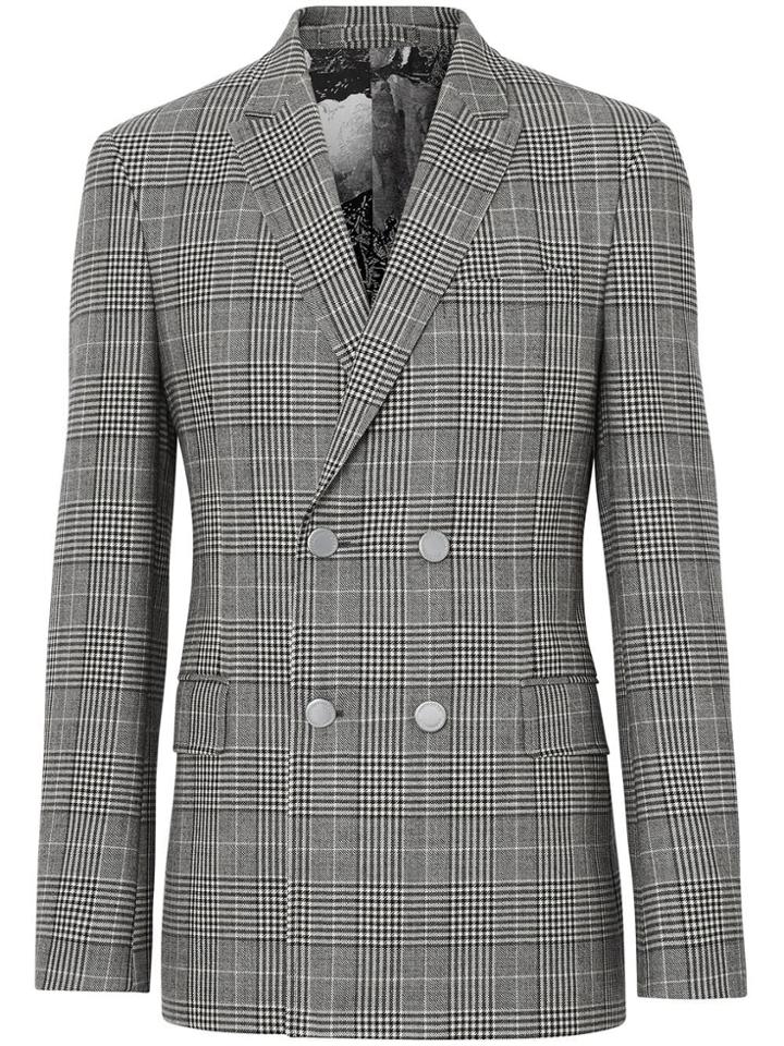Burberry Slim Fit Check Wool Double-breasted Jacket - Grey