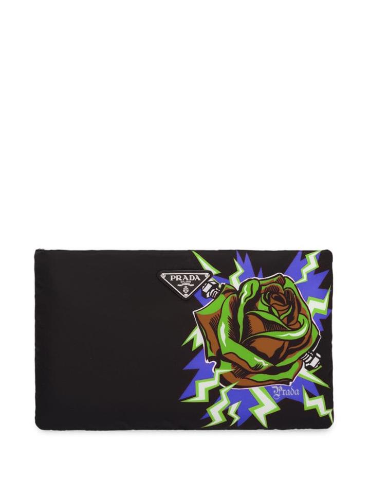 Prada Rose Print Padded Clutch - Black