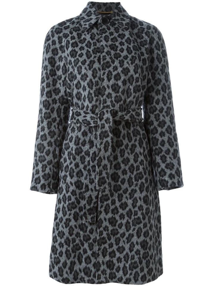 Saint Laurent Belted Leopard Print Coat, Women's, Size: 42, Grey, Cotton/acrylic/wool