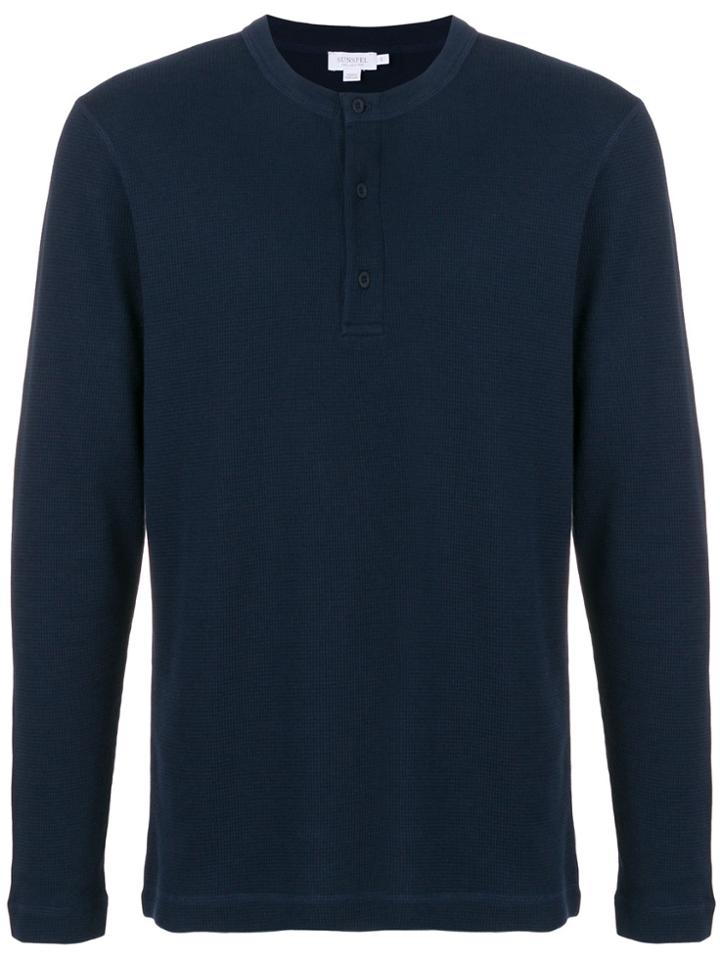 Sunspel Crew Neck Henley Waffle Top - Blue