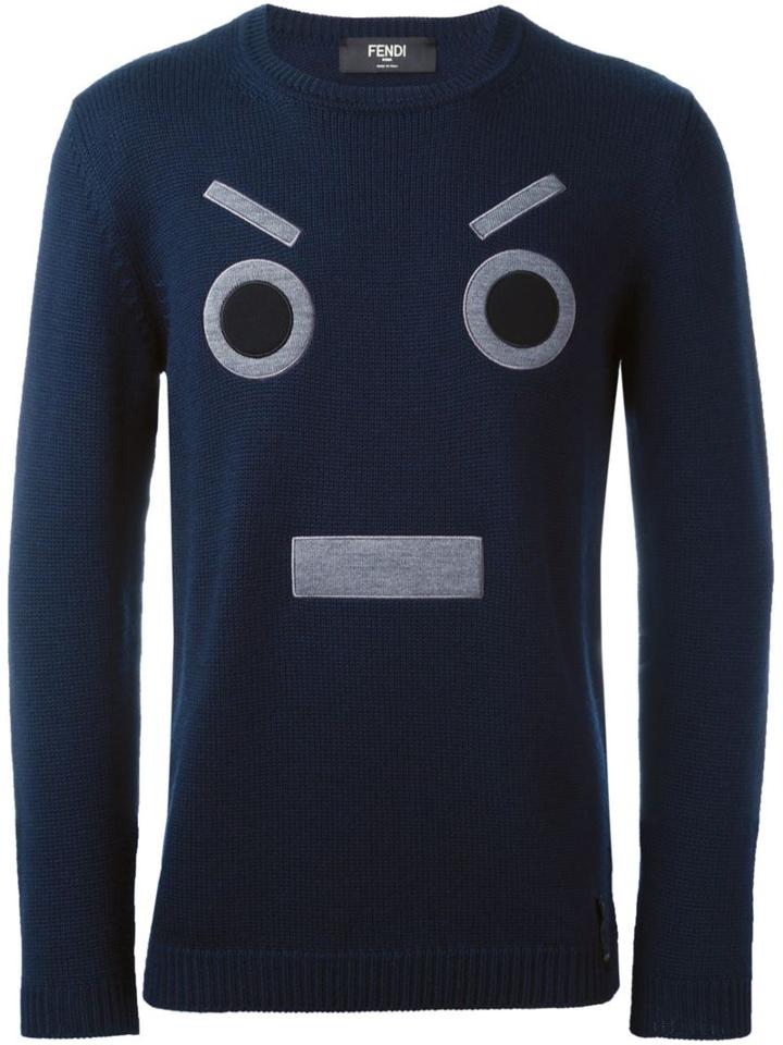 Fendi Face Embroidered Sweater, Men's, Size: 48, Blue, Wool