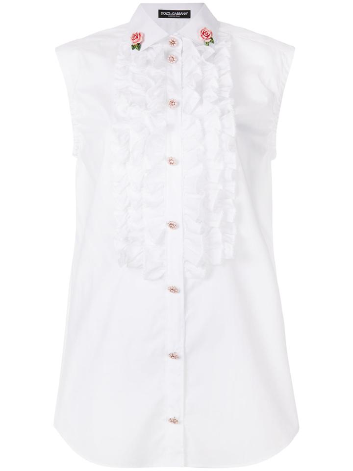 Dolce & Gabbana Rose Button Ruffle Bib Shirt - White