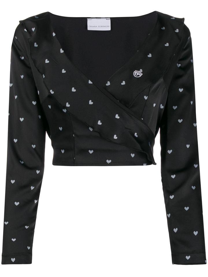 Chiara Ferragni Heart Print Wrap Top - Black
