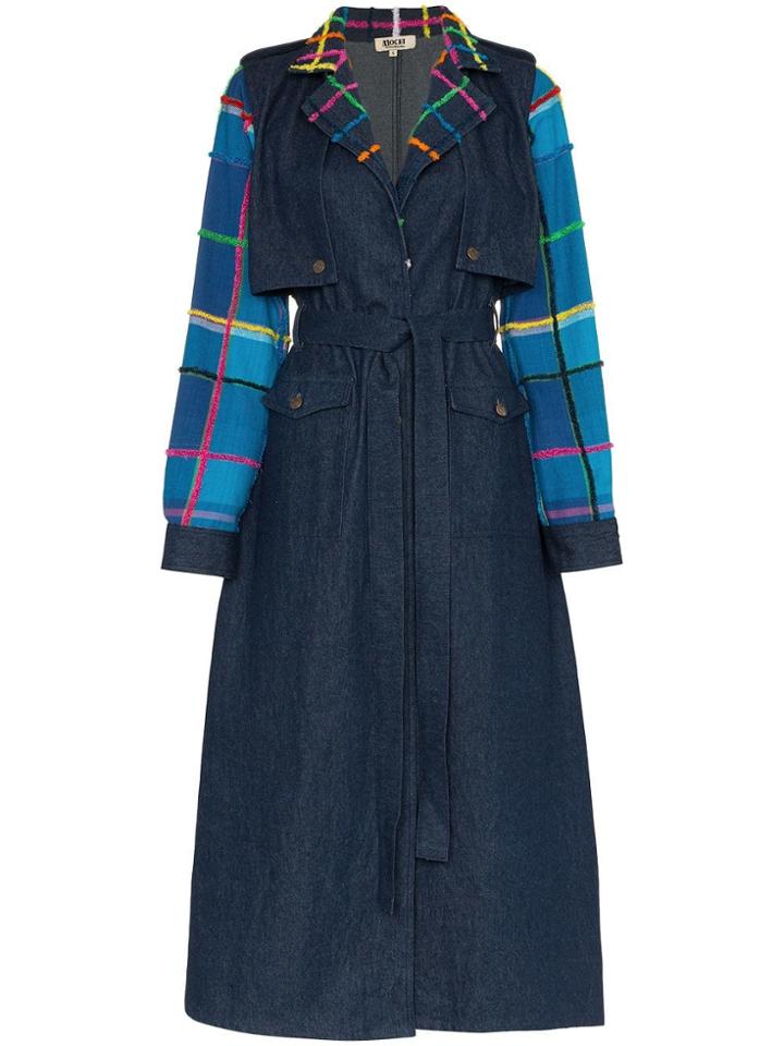 All Things Mochi Lucy Denim Patchwork Trench Coat - Blue
