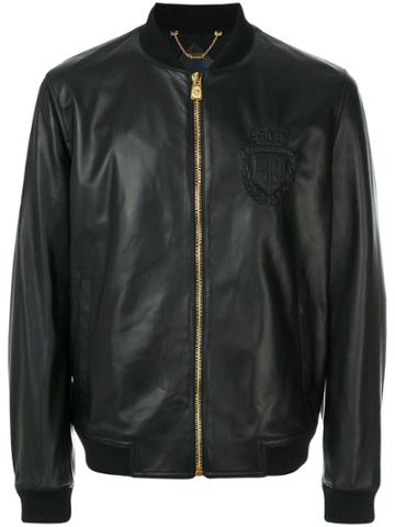 Billionaire Emblem Leather Bomber Jacket - Black