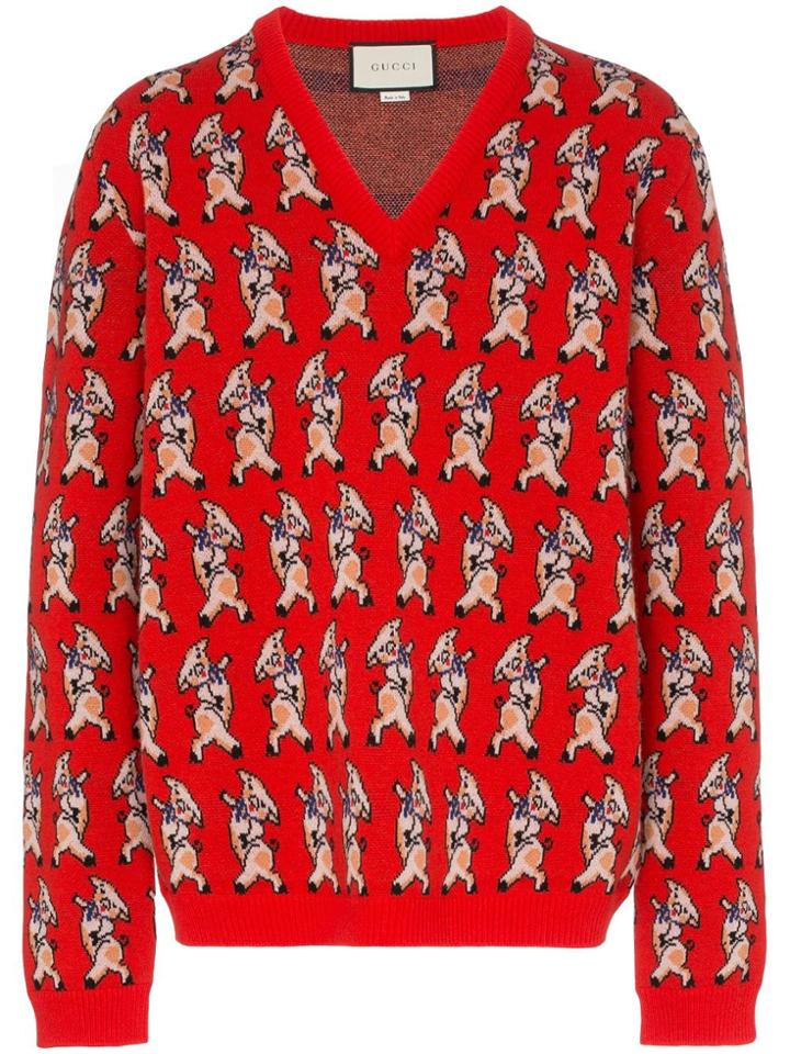 Gucci Wool Pig Print V-neck Sweater - Red