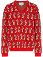 Gucci Wool Pig Print V-neck Sweater - Red