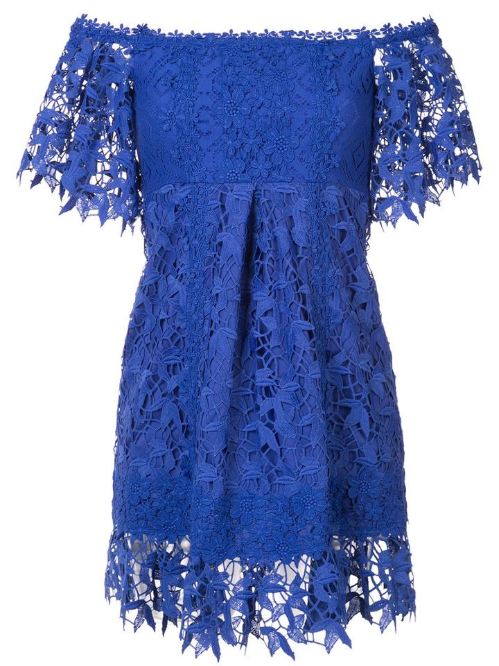 Nicole Miller - Embroidered Off Shoulder Dress - Women - Cotton/nylon/polyester - L, Blue, Cotton/nylon/polyester