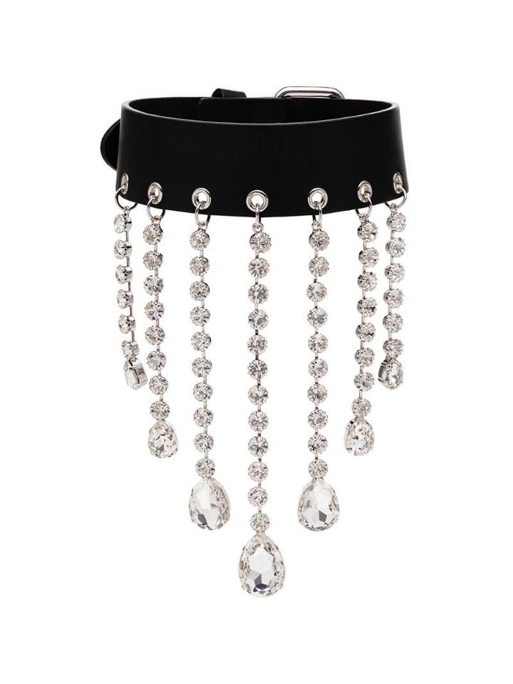 Alessandra Rich Black Crystal Fringe Leather Choker Necklace