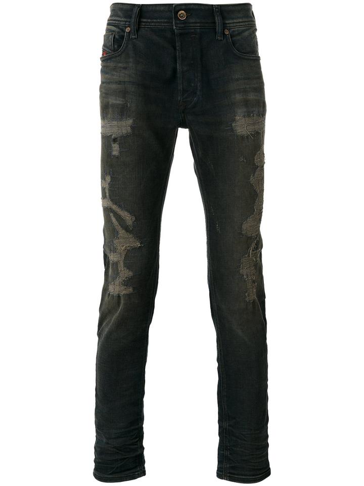Diesel Distressed Slim-fit Jeans, Men's, Size: 33, Grey, Cotton/polyester/spandex/elastane