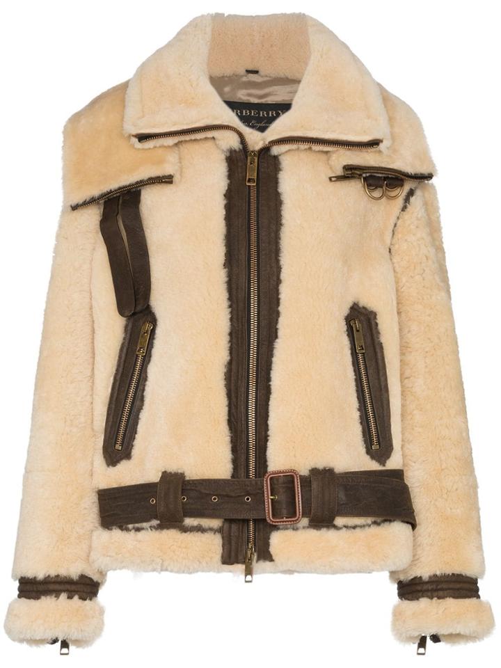 Burberry Oversized Shearling Aviator Jacket - Brown