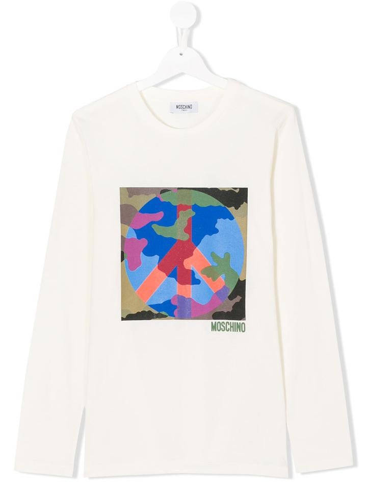 Moschino Kids - Peace Printed Longsleeved T-shirt - Kids - Cotton/spandex/elastane - 14 Yrs, White