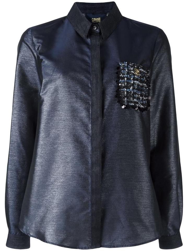 Cavalli Class Embellished Pocket Shirt, Women's, Size: 40, Blue, Polyester/polyamide