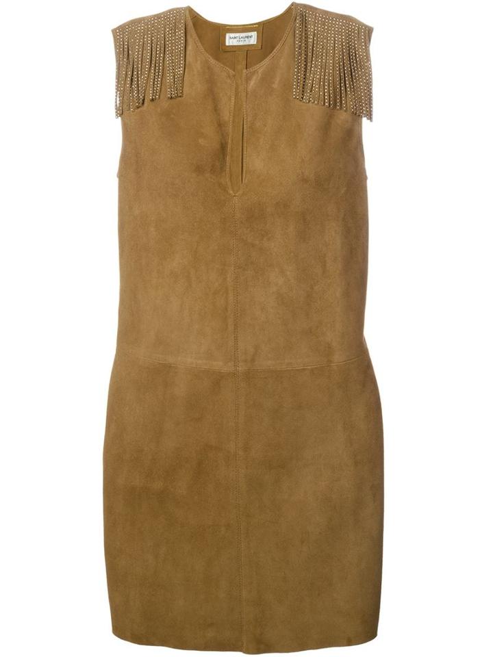 Saint Laurent Fringed Shift Dress, Women's, Size: 40, Brown, Goat Skin/metal Other