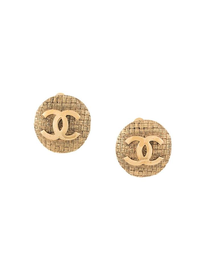 Chanel Vintage Embossed Tweed Logo Earrings - Metallic
