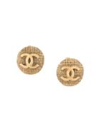Chanel Vintage Embossed Tweed Logo Earrings - Metallic