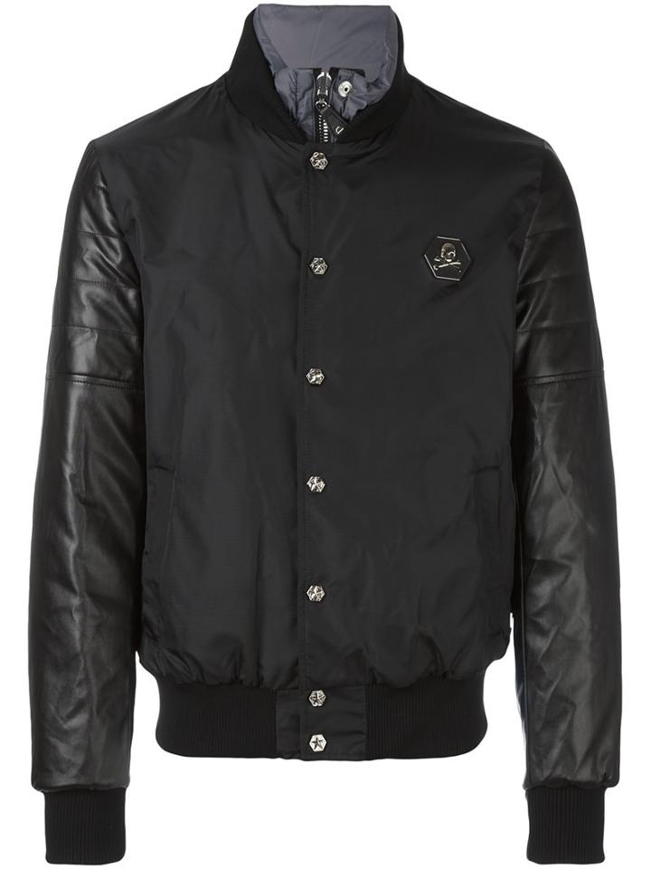 Philipp Plein Funnel Neck Bomber Jacket, Men's, Size: Large, Black, Nylon/polyurethane