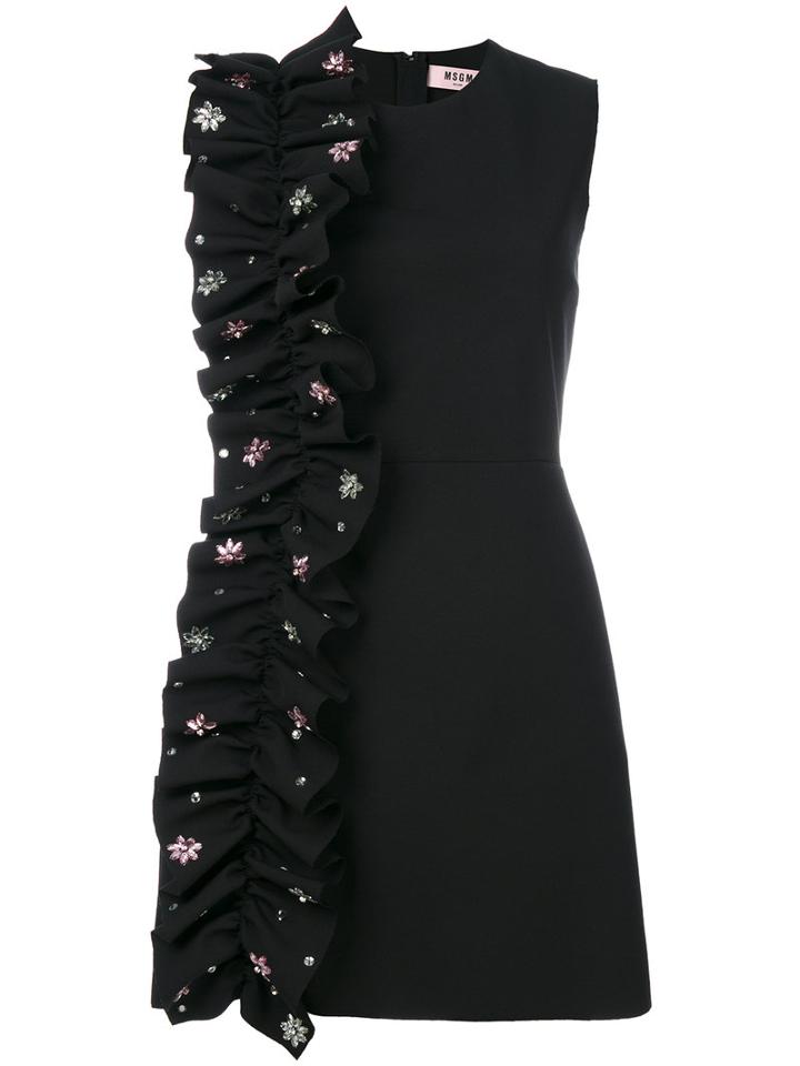 Msgm - Ruffle Detail Dress With Flowers - Women - Elastodiene/polyester - 44, Black, Elastodiene/polyester