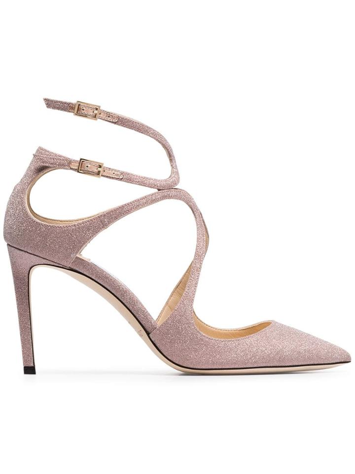 Jimmy Choo Ballet Pink Lancer 85 Glitter Leather Sandals