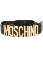 Moschino Logo Plaque Whipstitch Belt, Women's, Size: 90, Black, Metal (other)/kid Leather