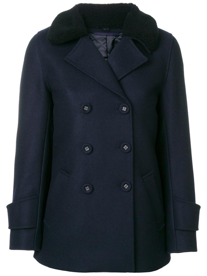 Officine Generale Textured Collar Double Breasted Coat - Blue