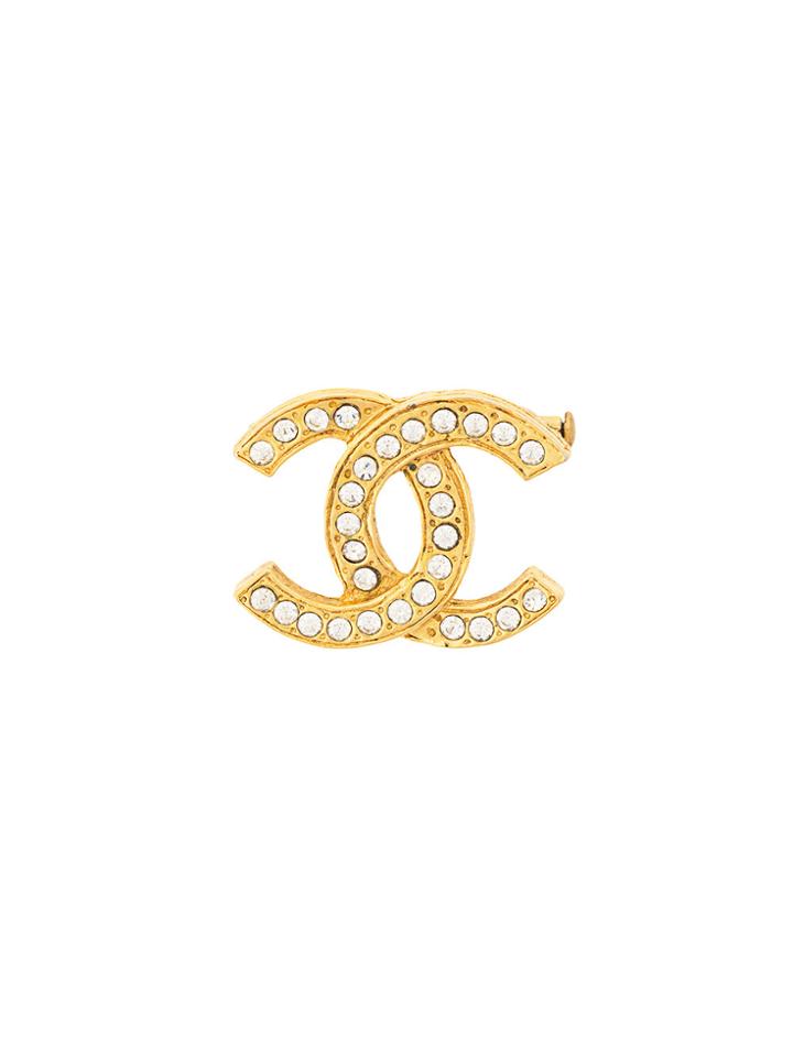 Chanel Vintage Rhinestone Logo Brooch - Metallic
