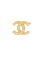 Chanel Vintage Rhinestone Logo Brooch - Metallic